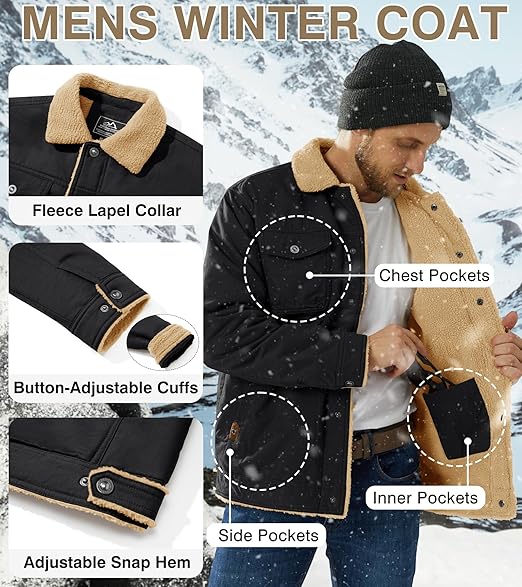 Men's Winter Jacket Thick Thermal Cotton Warm Fleece Lined Coat Trucker Lapel Work Cargo Jackets for Men